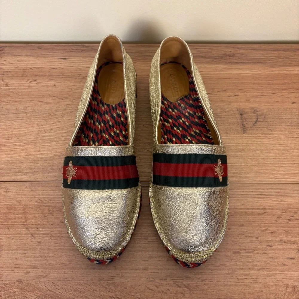 GUCCI Crinkled Leather Web Pilar Bee Espadrille Flat Gold Women Size 40 Slip On